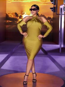 Slaydiva Plus Tie Backless Halter Bodycon Dress - Olive Green - View 2