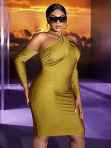 Slaydiva Plus Tie Backless Halter Bodycon Dress - Olive Green - View 4