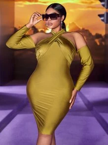 Slaydiva Plus Tie Backless Halter Bodycon Dress - Olive Green - View 1