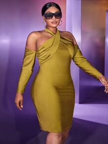 Slaydiva Plus Tie Backless Halter Bodycon Dress - Olive Green - View 8