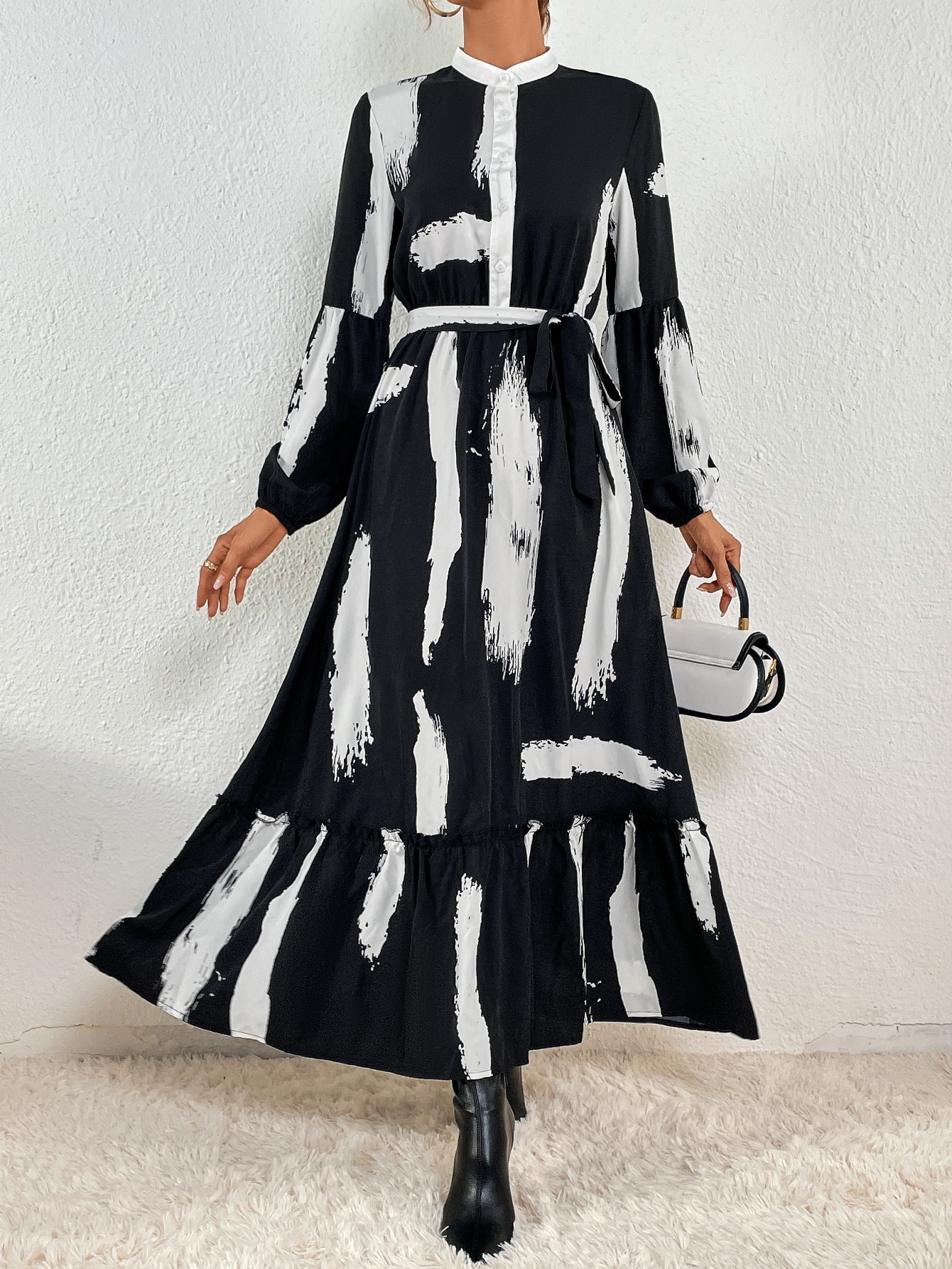 Brush print belted dress