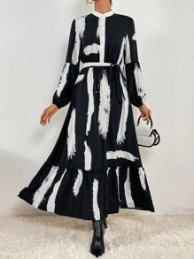 SHEIN Clasi 筆刷圖案燈籠袖荷葉邊繫腰帶連衣裙 - 黑與白 - 查看 1