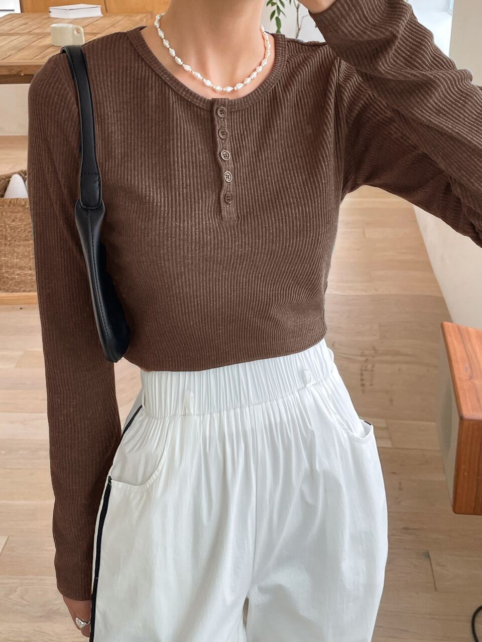 Half Button Ribbed Knit Tee