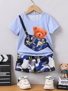 SHEIN 小男童卡通圖案T恤附迷彩短褲 - 彩色 - 查看 1