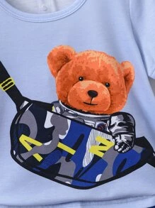 SHEIN 小男童卡通圖案T恤附迷彩短褲 - 彩色 - 查看 3