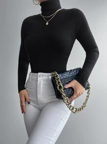 EURMUSE Solid Rib Knit High Neck Jumper - Black - View 3