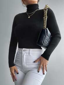 EURMUSE Solid Rib Knit High Neck Jumper - Black - View 5