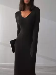 RueChic Solid Rib-knit Split Sleeve Bodycon Jumper Dress - Black - View 3