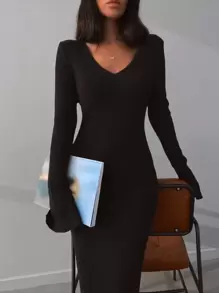 RueChic Solid Rib-knit Split Sleeve Bodycon Jumper Dress - Black - View 4