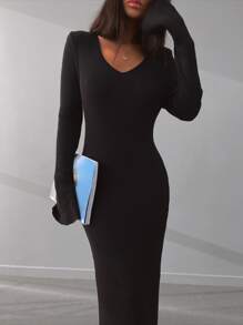 RueChic Solid Rib-knit Split Sleeve Bodycon Jumper Dress - Black - View 5