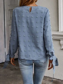 SHEIN LUNE Split Sleeve Pearls Knot Cuff Blouse - Dusty Blue - View 2