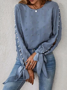 SHEIN LUNE Split Sleeve Pearls Knot Cuff Blouse - Dusty Blue - View 6