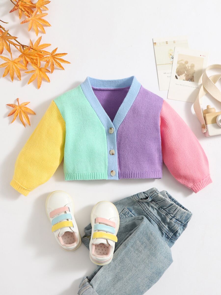 SHEIN Cárdigan Para Bebé Niña Con Botón Simple Y Bloque De Color - Multicolor - Ver 1