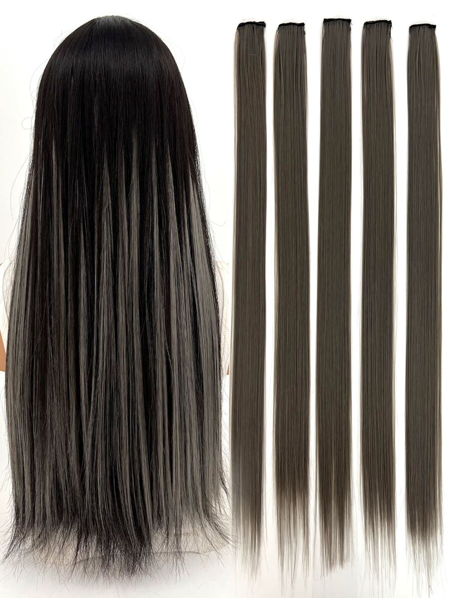 5pcs Clip In Long Straight Synthetic Hair Extension - Dark Grey - View 1