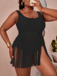 SHEIN Swim Curve Plus Size Fringe Hem Swim Dress Summer Beach - Black - View 1