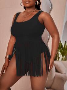 SHEIN Swim Curve Plus Size Fringe Hem Swim Dress Summer Beach - Black - View 3
