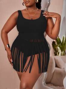 SHEIN Swim Curve Plus Size Fringe Hem Swim Dress Summer Beach - Black - View 4