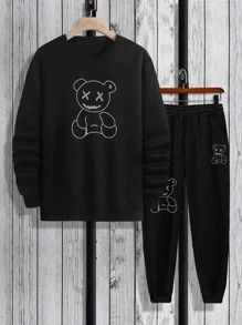 Manfinity Men Bear Print Sweatshirt & Joggers - Black - View 1