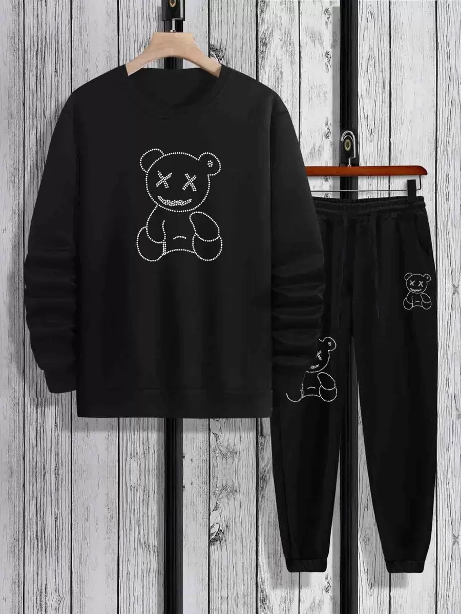 Manfinity Men Bear Print Sweatshirt & Joggers - Black - View 1