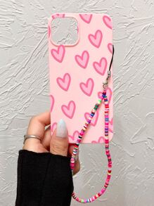 With Phone Charm Pink Heart Print Phone Case With Lanyard Compatible With Apple IPhone 15/15Pro Kawaii - Multicolor - View 3