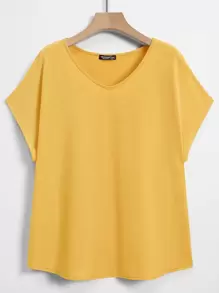 Mulvari Áo thun Plus size màu trơn Cơ bản - Màu vàng - Xem 1