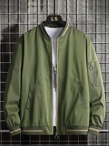 Men Striped Trim Drop Shoulder Bomber Jacket Without Tee - Army Green - View 2