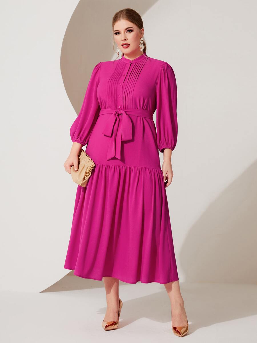 Modelyn Plus Lantern Sleeve Ruffle Hem Belted Dress - Hot Pink - View 1