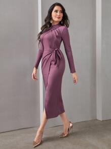 Modelyn 小高領褶邊圍裹連衣裙 - 紫色 - 查看 3