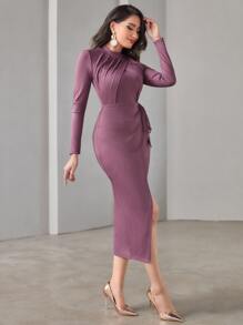 Modelyn 小高領褶邊圍裹連衣裙 - 紫色 - 查看 4