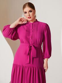 Modelyn Plus Lantern Sleeve Ruffle Hem Belted Dress - Hot Pink - View 4