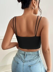 SHEIN PETITE Double Strap Crop Cami Top - Black - View 2