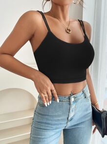 SHEIN PETITE Double Strap Crop Cami Top - Black - View 5