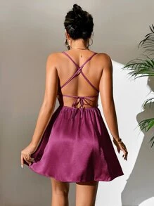 SHEIN PETITE Vestido de tirantes unicolor de espalda abierta con tira cruzada con nudo de satén - Rosa Fucsia - Ver 2