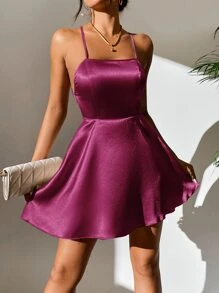 SHEIN PETITE Vestido de tirantes unicolor de espalda abierta con tira cruzada con nudo de satén - Rosa Fucsia - Ver 6