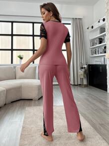 Contrast Lace Knot Side Top & Trousers PJ Set - Dusty Pink - View 2