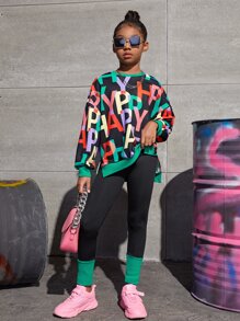 SHEIN Tween Girl Letter Graphic Drop Shoulder Pullover & Leggings Set