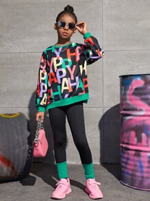 SHEIN Tween Girl Letter Graphic Drop Shoulder Pullover & Leggings Set