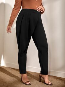 Plus High Waist Fold Pleated Pants - Black - View 2