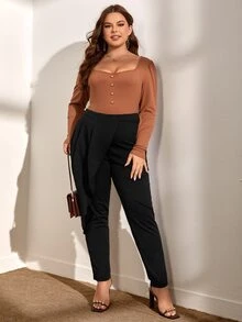 Plus High Waist Fold Pleated Pants - Black - View 4