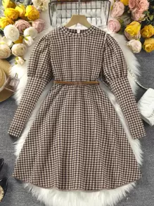 Girls Houndstooth Gigot Sleeve Dress - Multicolor - View 1