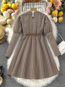 Girls Houndstooth Gigot Sleeve Dress - Multicolor - View 2