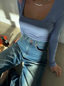 DAZY 纯色方领罗纹针织短款T恤，秋季女装 - 藏蓝色 - 查看 2