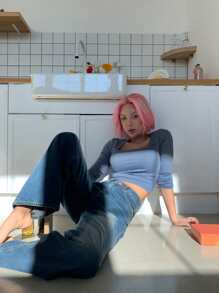 DAZY 纯色方领罗纹针织短款T恤，秋季女装 - 藏蓝色 - 查看 4