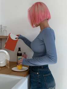 DAZY 纯色方领罗纹针织短款T恤，秋季女装 - 藏蓝色 - 查看 5