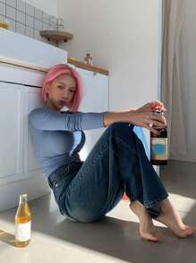 DAZY 纯色方领罗纹针织短款T恤，秋季女装 - 藏蓝色 - 查看 6