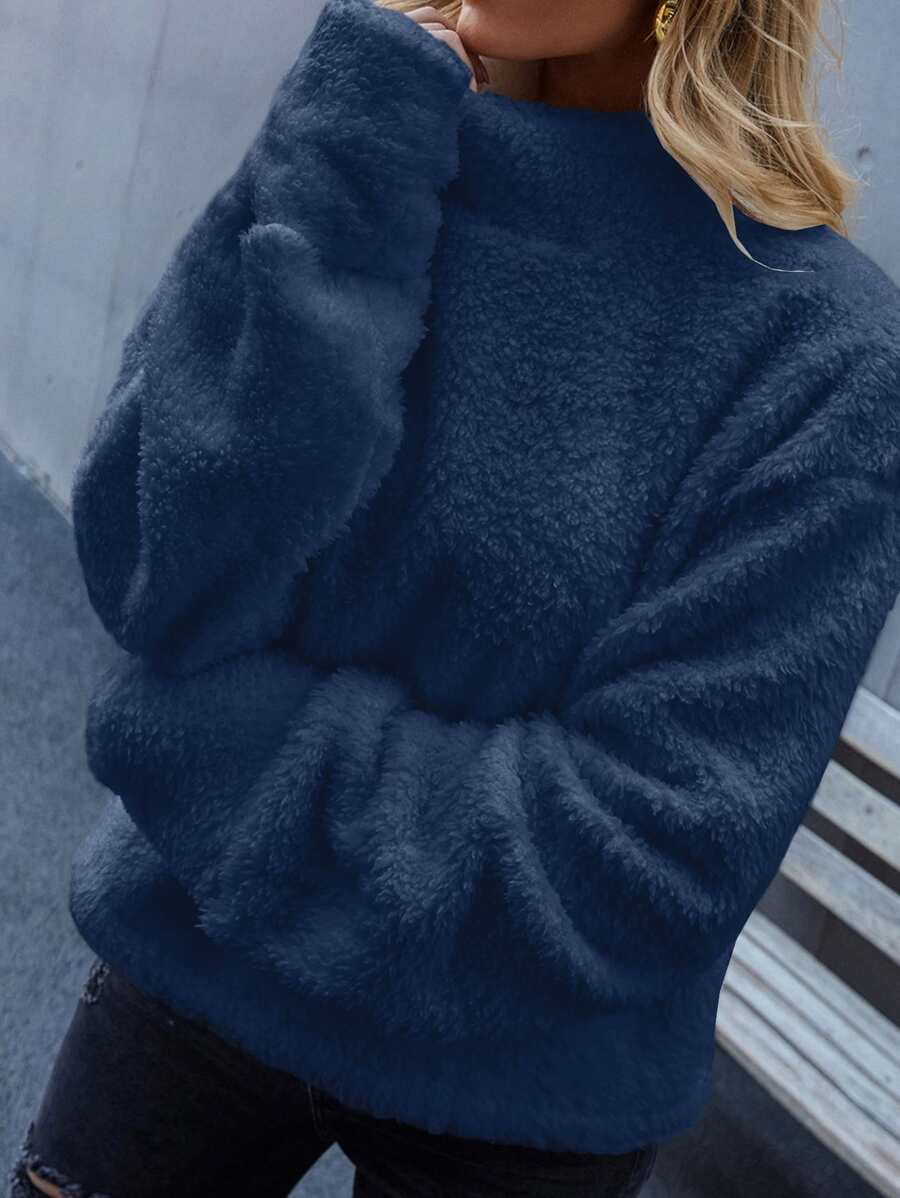 SHEIN LUNE High Neck Drop Shoulder Teddy Sweatshirt - Navy Blue - View 1