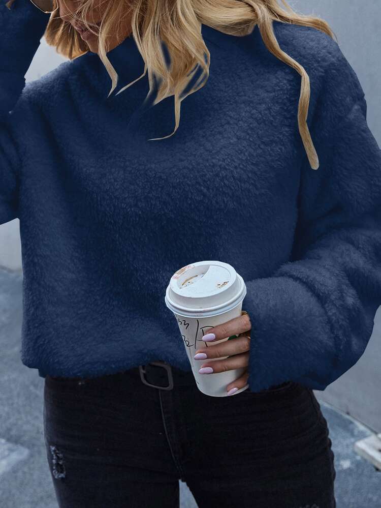 SHEIN LUNE Sudadera de cuello cisne de hombros caídos teddy - Azul Marino - Añade 3