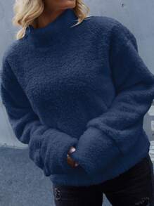 SHEIN LUNE High Neck Drop Shoulder Teddy Sweatshirt - Navy Blue - View 4