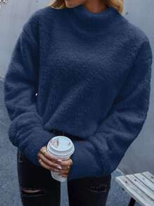 SHEIN LUNE High Neck Drop Shoulder Teddy Sweatshirt - Navy Blue - View 5