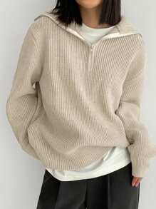 DAZY 1pc Quarter Zip Drop Shoulder Sweater,Long Sleeve Tops,Fall Clothes - Khaki - View 2